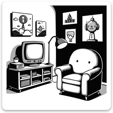 A retro gamer room with pixel posters and a console hooked to a tube TV sticker