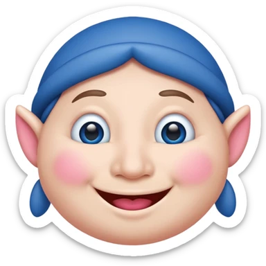 A blue emoji with fat pink cheeks and is smiling like a elf sticker