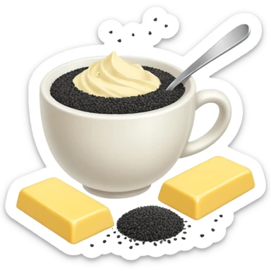 white cup of sugar and black sesame seeds and bar of butter without a face sticker