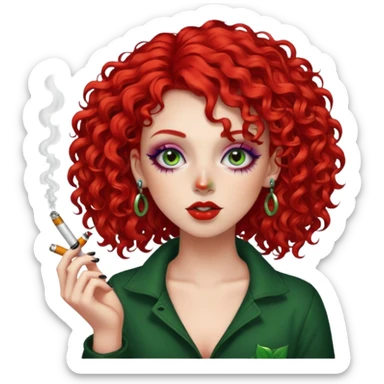 bright red curly hair alt girl with makeup and piercings smoking weed sticker