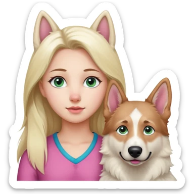White European young woman with blue-green eyes and long blond hair with her white German Shepherd dog,the Dog has a pink nose and short fur  and Brown eyes sticker