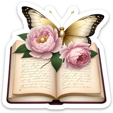 An aged botanical journal, its golden-edged pages filled with delicate pressed pink roses, white peonies, and blush dahlias, as a pearl butterfly delicately rests on the handwritten notes.
 sticker