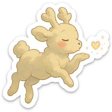 vanilla cloud doe with rosy cheeks, floating in the air, blowing a sparkling kiss, soft ghibli style sticker