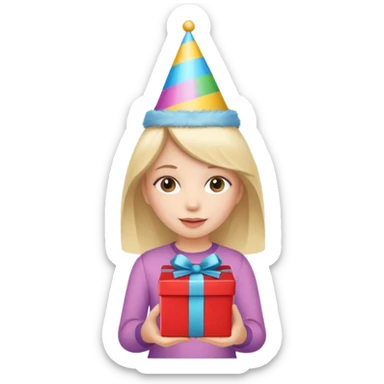 🥳🎀 kafasında tok olan elinde hediye olan bir kız sticker