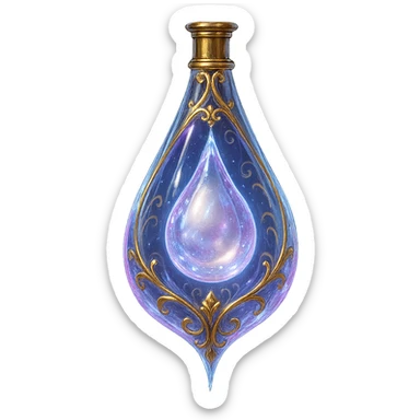 premium class crystal elixir bottle in tear shape, transparent with pearlescent tear-shaped filling inside, lots of glowing, edges, ornaments, golden details, magical effects, very small golden neck, transparent background, beautiful merging bottom, clearly hanging in the air, no base or shadow, very luxurious, subtle, matching a collection sticker