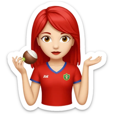 Crie uma rapariga com cabelo encaracolado, longo e frisado, olhos escuros, muitos sinais na cara, blusa vermelha e branca às riscas, calças de ganga, ténis samba fake  sticker