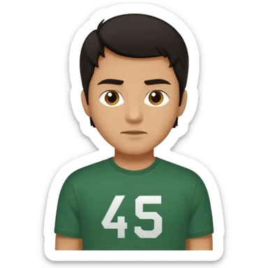 A man with hair wearing a t-shirt that says the number 456 in dark green and white  sticker