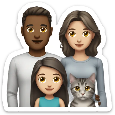 a brunette guy and a girl with light skin and a gray tabby cat between them sticker