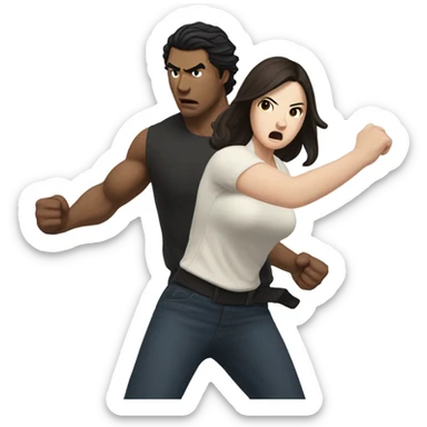 A pale half Asian man with short dark hair fighting a white woman with long wavy brunette hair sticker