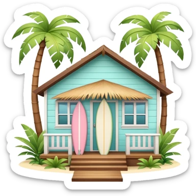 Hawaiian bungalow house, pastel colors, wooden porch, surfboard leaning on wall, palm leaves, tropical vibe, cute mobile game icon style, 3D cartoon, clean background, no text
 sticker