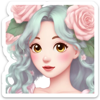 Gorgeous pastel anime style lady with blushing face and roses cottagecore fairycore pastelcore shiny colorful pearly aesthetic trending style sticker