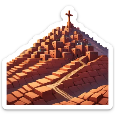 Urban Peruvian hillside neighborhood, brick houses stacked on steep hills of the desert, unfinished red brick buildings,, narrow stairways, electric cables crossing the sky, sunset lighting, realistic style, cinematic, high detail in the desert, cross monument at the top sticker