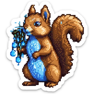 Pixel art squirrel with distinct brown fur, bushy tail, and obvious blue drool dripping from mouth in multiple pixel droplets sticker