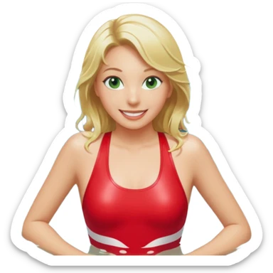 Blonde Woman, Green eyes,Red onepiece, Background Indoor pool sticker