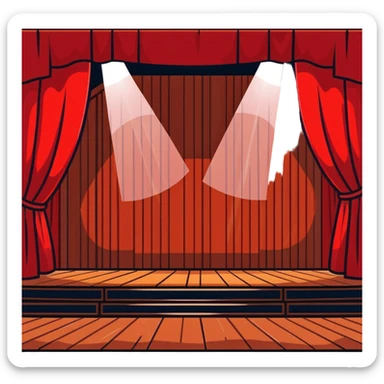 dramatic theater stage with red curtains drawn to sides, wooden planks, and bright spotlight in middle sticker