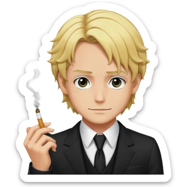 Sanji with blonde hair, black suit, cigarette, curly eyebrow sticker