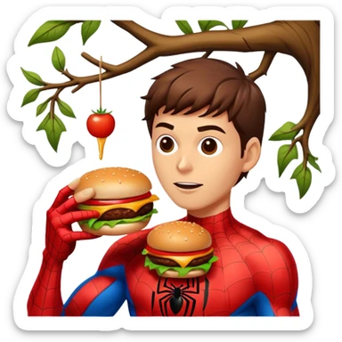 spider man eating burger with hanging tree sticker