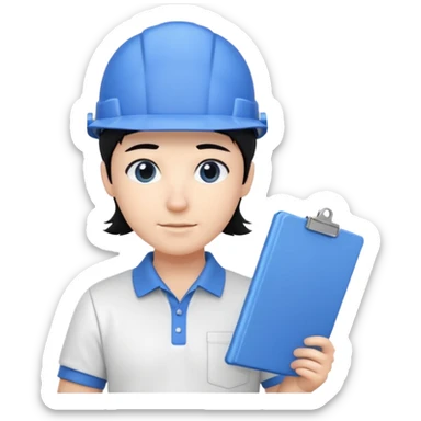 engineer wearing white polo touch of white holding blue print, black hair with headgear sticker