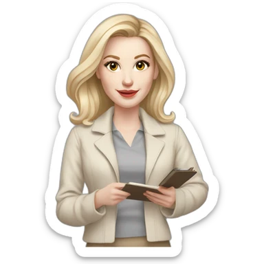pale skin woman interior designer with cold blonde middle length hair, gray eyes, White oversize jacket, beige blouse, Gray skirt holding a color palette in the hands sticker