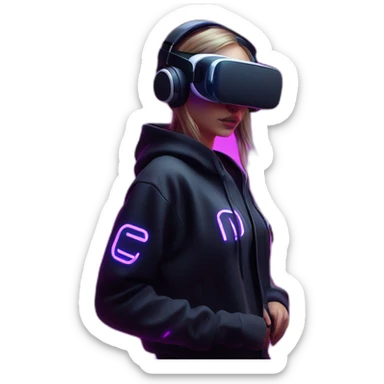 Russian girl wearing a black hoodie with "OMG" letters on it and VR headset in a cyberpunk VR environment with violet neon lighting. sticker