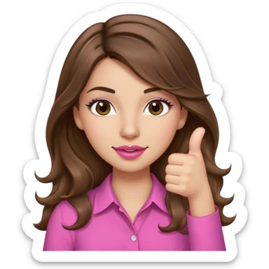 girl with long wavy brown hair, brown eyes, light to medium complexion, in a pink shirt, pink lips, long lashes, puckered lips, thumbs up sticker