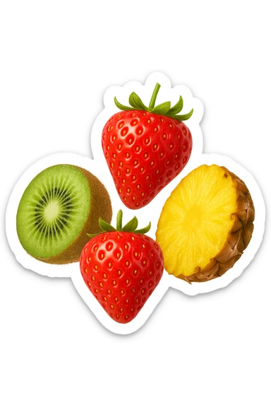 emoji stile iphone 3d di kiwi, fragole, ananas
 che fluttuano in aria, iperealistico 4k sticker