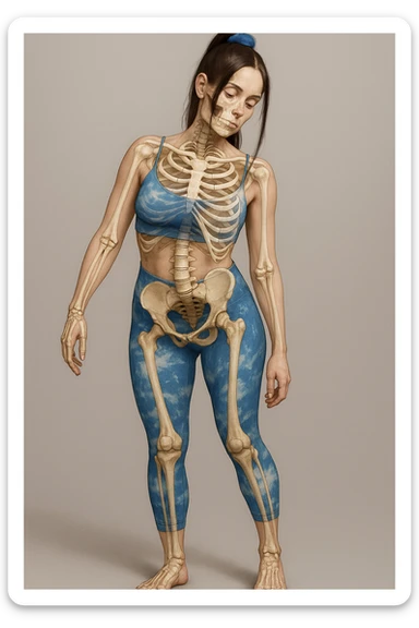 Donna in abbigliamento sportivo, postura asimmetrica, stile medico realistico, muscoli e ossa visibili, evidenzia la compressione delle coste sul lato corto, sfondo neutro, formato verticale. sticker
