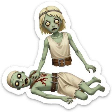 fullbody zombie leper laying on the ground, missing a foot, ragged tunic, cloth belt sticker
