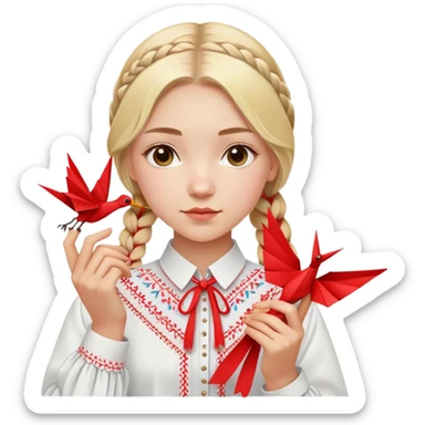Ukrainian young girl with blonde braided hair wearing a white traditional embroidered shirt (vyshyvanka) holding a red origami paper crane in her hands sticker