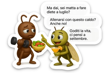 EMOJI STILE IPHONE 3D DI una cicala e una formica che parlano tra loro, la formica ha nella mano destra un manubrio da palestra e nella nella mano sinistra una bowl di insalata, la cicala invece ha un cocktail in mano, la cicala prende in giro la formica E LE DICE IN 3 FUMETTI DIFFERENTI: "Ma dai, sei matta a fare diete a luglio?”
“Allenarsi con questo caldo? Anche no!”
“Goditi la vita, ci pensi a settembre.”
 sticker