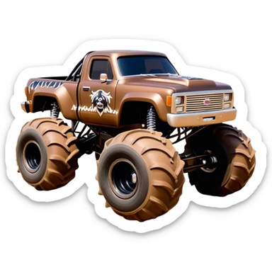 Monster Mutt - Monster Jam (Model Year: 2021) (Iconic colour: Brown with dog features) - A unique monster truck with playful, dog-inspired design cues. The vehicle is painted in warm brown tones and features subtle dog motifs (such as a stylized snout or ear shapes). It should blend the rugged power of a monster truck with quirky, endearing canine features. sticker