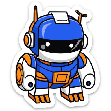 simple cartoon transformer robot in royal blue, black, with silver accents, cute and expressive sticker