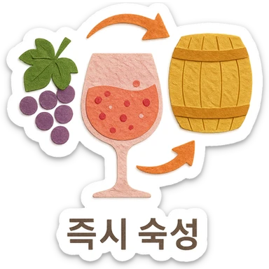 icon representing the moment in rosé wine production when desired color appears during alcohol fermentation, grape juice is separated and immediately moved to aging stage, with Korean text '즉시 숙성' at the bottom, paper craft style, no background sticker