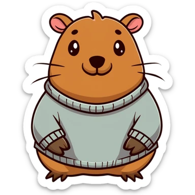 capybara smiling wearing a light grey sweater sticker