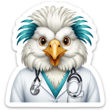A White Silkie Bantam rooster wearing a doctor's stethoscope. The head feathers look like a large, fluffy wig. sticker