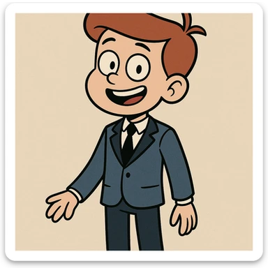 boy dressed in a blue and black suit, smiling, cartoon style sticker