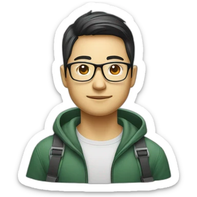 Chinese web developer, with glasses and a Vue.js logo T-shirt sticker