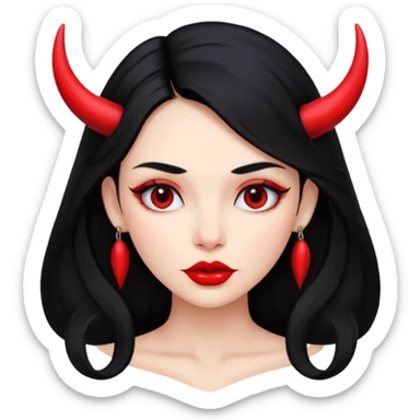 A girl's face with cheekbones, skin red, long black hair, small red horns, big lips sticker
