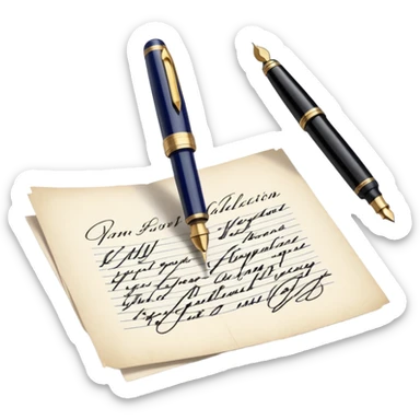 Icon for Autograph Collecting: a signature on a piece of paper with a vintage fountain pen beside it, and a collection of autographed photos or memorabilia in the background. The icon should convey the passion for collecting famous signatures. Transparent background. sticker
