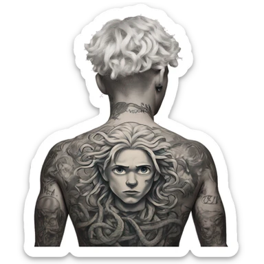 Inked white Boy with back piece tattoo of Medusa  sticker