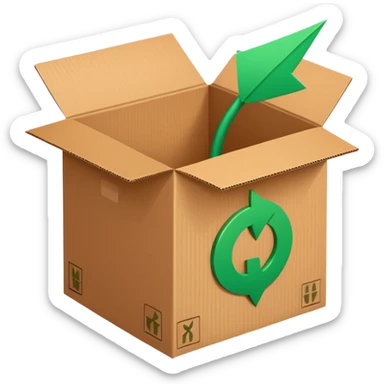 closed cardboard box with a circular arrow and a green checkmark inside the arrow, positioned above the box in the upper right corner sticker