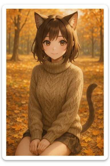 realistic anime catgirl in a cozy sweater, autumn park background, warm lighting sticker