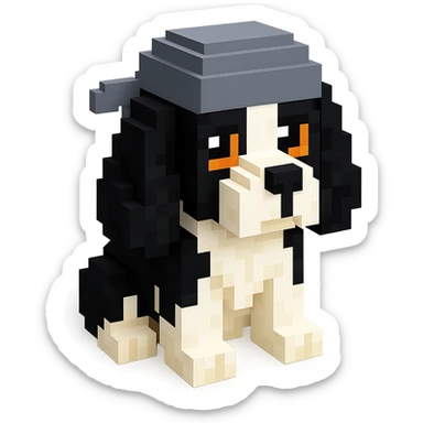 A black and white Russian Cocker Spaniel puppy wearing a gray durag, voxel style, sitting sticker