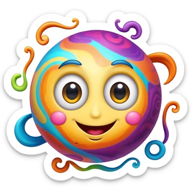 multicolored planet with swirls of bright colors and a happy smiling face with big eyes sticker