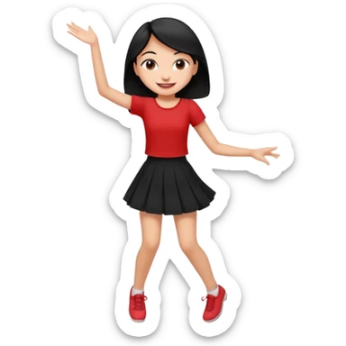 Chicas esbelta con falda corta negra y top rojo,pelo semi largo negro y lacio  super feliz,pero bailando sticker