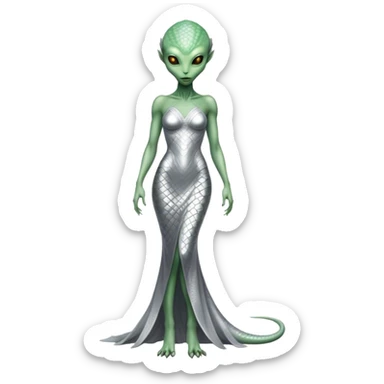 alien reptilian woman light green skin in silver dress, full body sticker