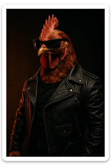a chicken dressed as the Terminator, wearing sunglasses and a leather jacket, in a dramatic pose sticker
