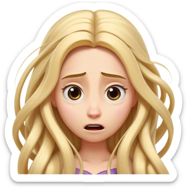 Cinematic Funny Rapunzel Portrait Emoji, Looking exhausted while tangled in her own hair, a dramatic sigh, eyes rolling with humorous exasperation, a hilariously relatable moment for the long-haired princess! sticker