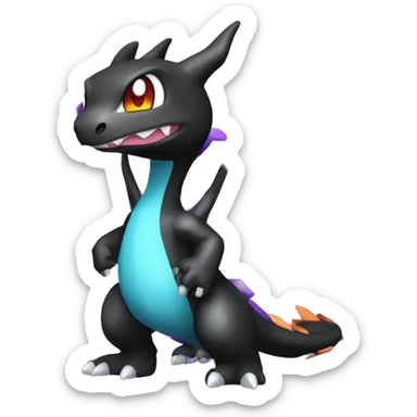 Black shiny chibi Mega-Charizard-X-Raptor-Fakémon with purple accents full body sticker