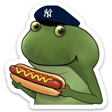 wearing a yankees hat, holding a hotdog sticker